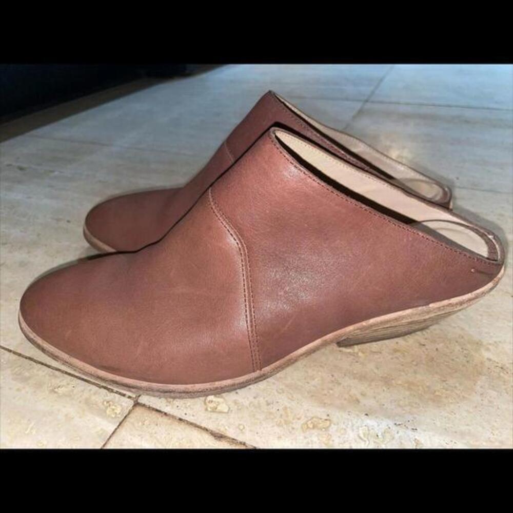 Eileen Fisher ELISA Brown Leather Mule Clog Women Size 7.5M Low Wood‎ Heel